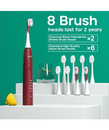 SEAGO Rechargeable Sonic Electric Toothbrush - 30 Days Battery 5 Modes 2 Minute Timer Portable with 8 Brush Heads - Perfect for Adults (Red - Buy Online on GoSupps.com