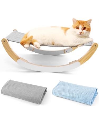 Odoland Cat Hammock Bed with Pet Bed Spare Blanket, Kitten or Small Puppy Dog Rocking Hammock Bed for Indoor and Outdoor, Wooden Frame Hanging Pet Bed for Winter and Summer