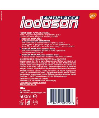Iodosan Antiplaque mouthwash with antibacterial fights plaque and protects gums alcohol-free pack of 8 x 500 ml - Buy Online on GoSupps.com