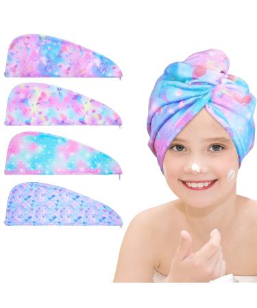Basumee 4PCS Microfiber Hair Towel Wrap for Girls and Women  Rapid Drying Towel for Hair Absorbent Quick Dry Hair Turbans for Wet Hair with Button  Colourful Mermaid Light Mermaid