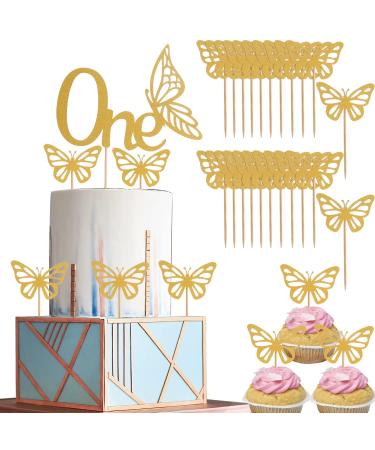 One Butterfly Cake Toppper Set - Gold One Butterfly Cake Topper and 30 Cupcake Topper For 1st Birthday Party Decoration Gold Glitter Baby Shower Party Cake and cupcake Decoration Supplies Gold01