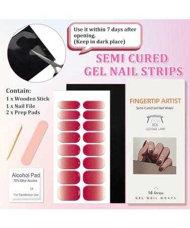 Semi Cured Gel Nail Wraps 16Pcs Pure Color & Glitter Strips Set - French Manicure with Soft Glossy Finish in Gradient Rose Red - Buy Online on GoSupps.com