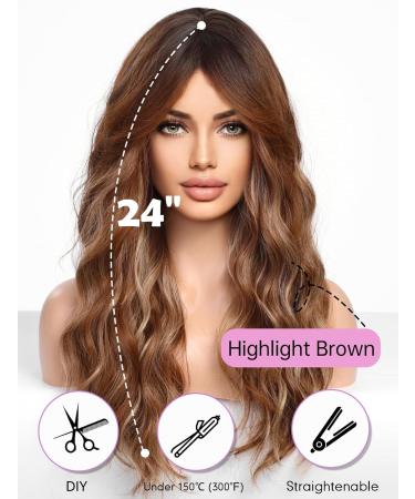 WOKESTAR Long Highlight Brown Synthetic Hair Wig with Curtain Fringe for Women - Buy Online on GoSupps.com