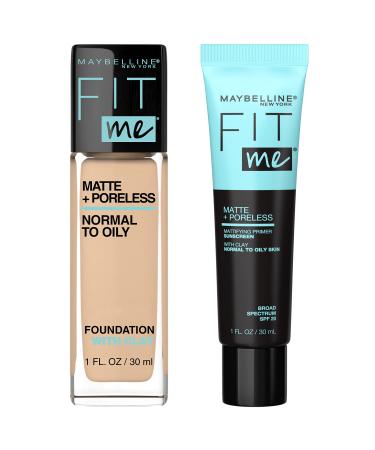 Maybelline Fit Me Matte + Poreless Liquid Foundation Natural Beige and Fit Me Mattifying Primer Bundle 2 COUNT PRIMER AND NATURAL BEIGE FOUNDATION BUNDLE