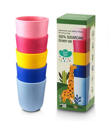 Dulce USDA Certified Sugarcane Natural Plastic Kids Cup 5 Pack (10 oz) Drinking Cups for Toddler - Dishwasher Safe BPA Free Unbreakable Reusable & Eco-Friendly - Multi 5Multi (Blue / Pink / Yellow)