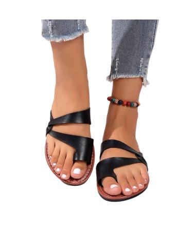 Elegant Womens Beach Flip Flops Summer Casual Ring Toe Bunion Slippers Stylish Comfy Orthopedic Sandals for Women for Hallux Valgus/Foot Correction 6.5 Black