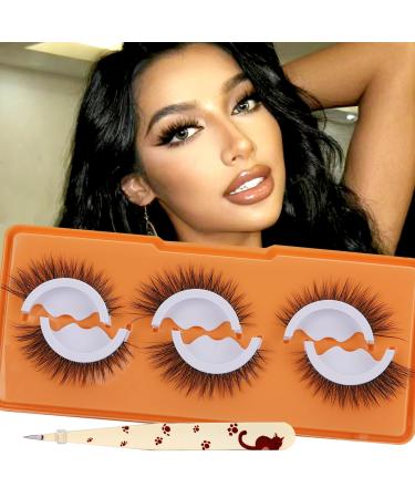 Reusable Self Adhesive Eyelashes Natural Look No Glue Eyelashes Wispy Cat Eye Lashes Pack Fluffy Russian Strip Lashes D Curl with Tweezers Pesta as Autoadhesivas Impermeables Y Reutilizables