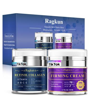 Ragkun Retinol Neck & Face Dual-Action Set Collagen & Hyaluronic Acid Firming Neck Cream Anti-Aging Day & Night Moisturizer Instant Face Lift Wrinkle Creams for Women & Men 2-Pack