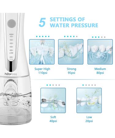 H2ofloss Cordless Water Flosser - 5 Modes Oral Irrigator for Home/Travel, IPX7 Waterproof, USB Rechargeable - White - Buy Online on GoSupps.com