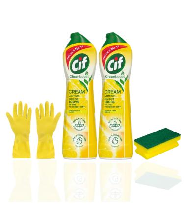 Cif Cream Cleaner 2 Pack - Cif Cleaner Lemon Cream with Sponge and Gloves - Perfect Household Cleaning Products Bundle
