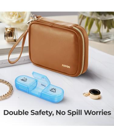 AUVON Weekly Pill Organizer - Large 7-Day Pill Box with PU Leather Travel Bag 3 Times a Day Medication Reminder for Vitamins & Supplements - Brown - Buy Online on GoSupps.com