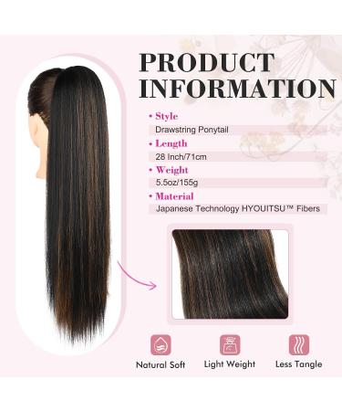 REECHO 28 Straight Drawstring Ponytail Extension - Synthetic Hairpiece for Women, Black with Highlights - Buy Online on GoSupps.com