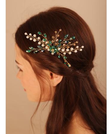 Deniferymakeup Green Crystal Emerald Gold Hair Comb for Wedding Brides Bridesmaid Hair Accessory for Women and Girls Ball Prom Party