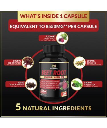 Beet Root Extract Capsules 8550mg with Green Tea, Red Spinach, Ginseng - Athletic Performance & Immune Support - 3 Months Supply - Buy Online on GoSupps.com