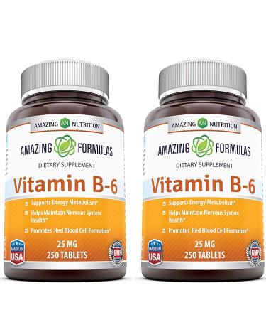 Amazing Formulas Vitamin B6 Pyridoxine 25mg 250 Tablets Supplement | Non-GMO | Gluten Free | Made in USA (2 Pack)