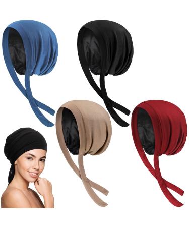 4 Pieces Satin Lined Sleep Cap Slouchy Beanie Hat Night Hair Cap for Women Elastic Tie Band for Curly Natural Hair Black Light Blue Khaki Wine Red