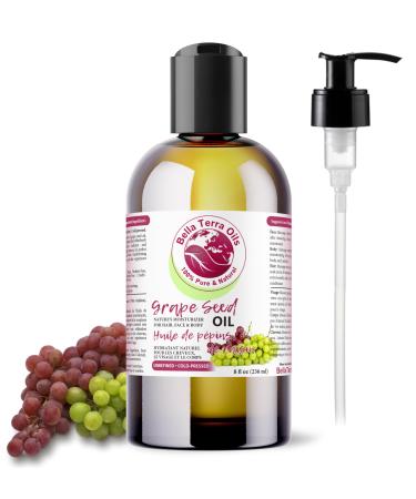Grape Seed Oil. 236ml. 100% Pure. Cold-pressed. Unrefined. Organic. Rich in Vitamins. Chemical-free. Soothes Skin. Nourishes Hair. Natural Moisturizer for Hair Skin Nails Beard Stretch Marks. Bella Terra Oils. 236 ml (Pack of 1)