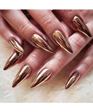 Bronze Chrome Press on Nails Medium Almond Stiletto Fake Nails with Bling Design Glossy Mirror Metal Acrylic False Nails Stick on Nails for Women Girls Gel Glue on Nails for Daily Party Wear Chrome Bronzer