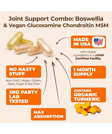 Joint Support Bundle 2-Pack Organic Turmeric Supplement with 95% Curcuminoids + 65% Boswellia Extract Ginger Root & Black Pepper (BioPerine) + Vegan Glucosamine Chondroitin MSM 60 + 90 Capsules - Buy Online on GoSupps.com