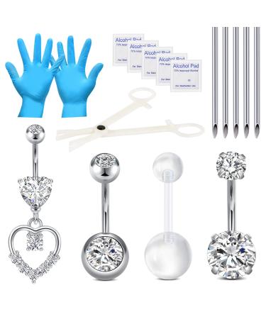 DJCIW Belly Button Ring Piercing Kit,Belly Button Piercing Kit Stainless Steel 14G Belly Button Rings Piercing Needles Disposable Piercing Clamps Set Navel Belly Silver 1-sillver-13pcs