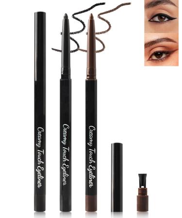 Black & Brown Eye Liner Pencils for Older Women 2 Pcs Matte Cream Retractable Eyeliner Waterline Long Wear Waterproof Smudge-Proof Gel Eyeliner Pencil Built in Sharpener Eye Liner for Sensitive Eyes 01+02# Black+brown
