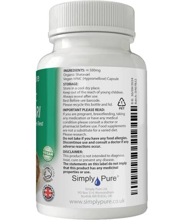 Organic Vegan Shatavari Capsules x 90 (500mg) Soil Association Certified, Gluten & GM Free - Buy Online on GoSupps.com