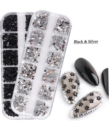 Nail Gems 2 Plates Rhinestones for Nail Art 2 Colors 12 Grids Different Shape 3D Nail Art Gems Dotting Pen Type 2 Beauty Supplies silver+black - Buy Online on GoSupps.com