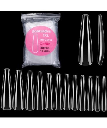 gootrades XXXLCoffin Nail Tips Full Cover  360Pcs 3XL Extra Long 54mm Coffin Nail Tips Sharp Full Coverage Clear False Nail Artificial Nails  Ideal for Press On Nails DIY Home Manicure& Salon(12 Sizes 0-11)