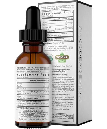 Codeage Liquid D3+K2 Vitamins USDA Organic - Vitamin D3 2000 IU Vitamin K2 (MK4 & MK7) Liquid Drops - Immune Support - Unflavored - Organic MCT Oil - Non-GMO - 1 fl oz - Buy Online on GoSupps.com