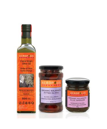 Bio-Harvest Extra Virgin Olive Oil - 500 mL Pitted Kalamata Olives - 315 mL Kalamata Olive Tapenade - 190 mL