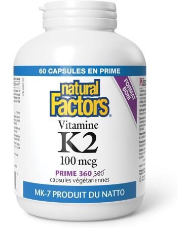 Natural Factors Vitamin K2 100 mcg BONUS SIZE 360 Vegetarian Capsules MK-7 from Natto Bean Helps Support Bones Vegan 60 Free Capsules - Buy Online on GoSupps.com