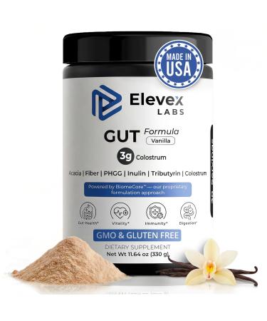 Elevex Gut Health Powder 3g Colostrum (30% IgG) + Tributyrin ( 60% Butyrate Purity) + PHGG Prebiotics Gut Lining, Gut Brain & Bloating Support BiomeCore 30 Servings (Vanilla)