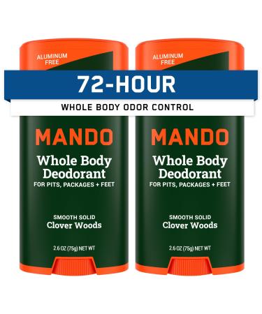 Mando Whole Body Deodorant For Men - Smooth Solid Stick - 72 Hour Odor Control - Aluminum Free Baking Soda Free Skin Safe - 2.6 Ounce (Pack of 2) - Clover Woods Clover Woods 2.6 Ounce (Pack of 2)