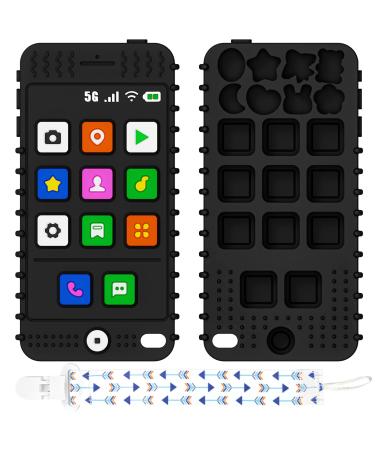 FFTROC Silicone Baby Teething Toys  Teether Toys for Babies 6-12 Months  Smart Phone Shape Teething Toys  Sensory Teether Chew Toys for Boys Girls Baby Toddlers Infant - Black