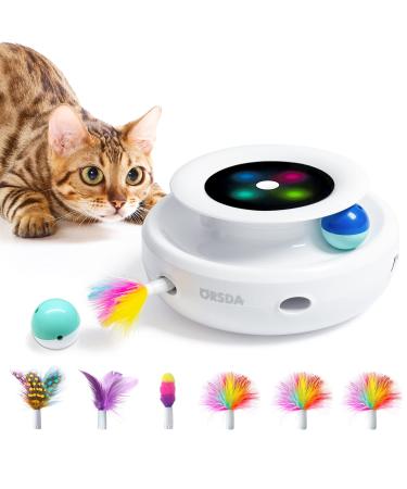 Cat Toys ORSDA 2-in-1 Interactive Cat Toys for Indoor Cats, Cat Balls, Cat Mice Toy, Cat Entertainment Toys with 6pcs Feathers, Dual Power Supplies, Auto On/Off Ivory White