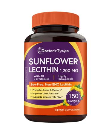Doctor's Recipes Sunflower Lecithin 1200 mg for Men & Women Non-GMO All 8 B Vitamins with Folate Methyl B12 B6 Biotin & Inositol Nerve Cellular Energy Support 150 Softgels