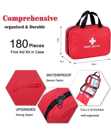 Ykall 180 Piece First Aid Kit for Car, Home, Travel, Camping, Office, Sports | Red Bag with Reflective Cross | Fully Stocked Emergency Survival Supplies - Buy Online on GoSupps.com