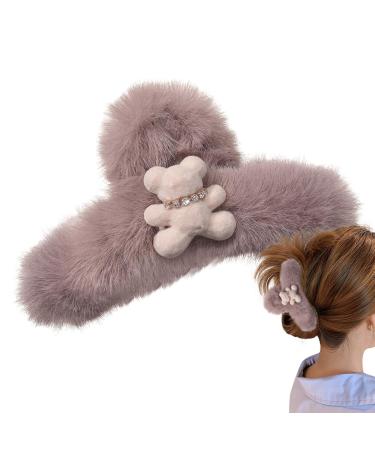 Lencyh Plush Hair Claw Clips | Large Plush Bear Hair Clips - Large Hair Catch Barrette Cute Plush Animal Hair Clips for Friends Girls Family Khaki