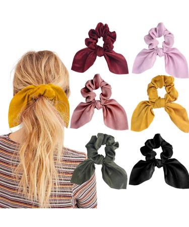 Aileam 6PCS Hair Scrunchies Satin SilkRabbit Bunny Ear Bow Bowknot Scrunchie Bobbles Elastic Hair Ties Bands Ponytail Holder for Women Accessories 01 Classic color