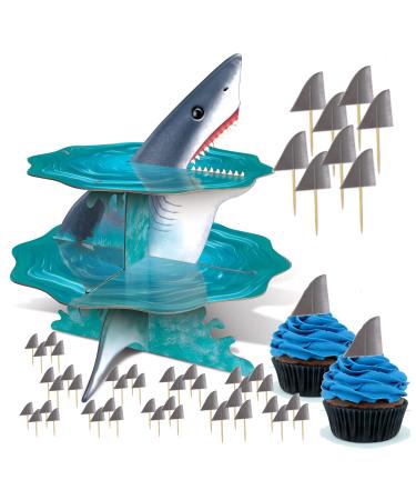 Shark Party Decorations - Shark Cupcake Stand with Shark Cupcake Topper Fin Picks - Shark Party Supplies for Your Shark Themed Birthday Party School Party Undersea Party