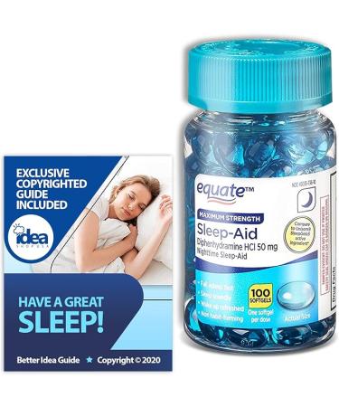 Equate Maximum Strength Sleep-Aid Softgels 50mg, 100 Ct Bundle with Exclusive Have a Great Sleep - Better Idea Guide (2 Items)