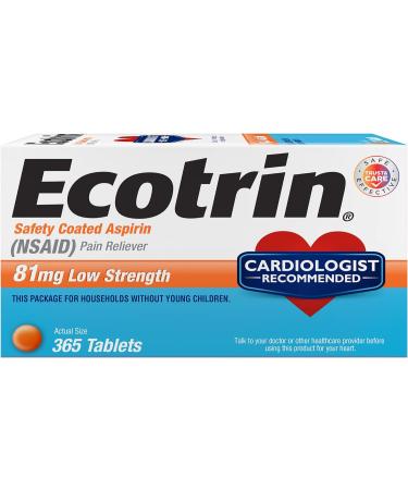 Ecotrin Low Strength Aspirin | #1 Cardiologist Recommended | 81mg Low Strength | 365 Safety Coated Tablets