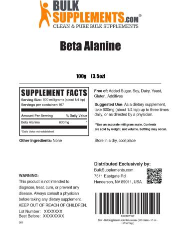 BulkSupplements Beta Alanine 100g - Pure Sports Supplement for Enhanced Performance - Buy Online on GoSupps.com