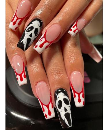 verysparkling 24pcs Skeleton Coffin Fake Nail Spiderweb Press on Nails Trendy Red Leopard Coffin Nails Luxurious Nails Acrylic Nails Fake Nails For Women Girls