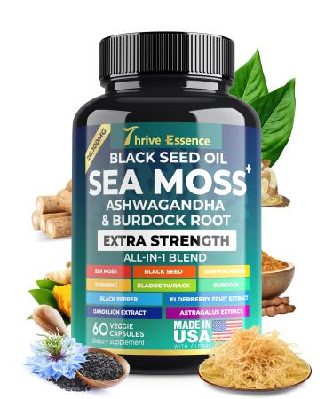 Sea Moss Extract Black Seed Oil Ashwagandha Turmeric & More 10-in-1 Herbal Supplement with Black Pepper & Elderberry 60 Capsules 60 Count (Pack of 1)
