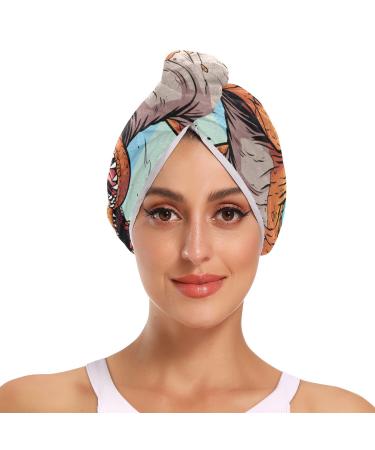 Cartoon Dinosaurs Hair Towel 2 Pack Super Absorbent Hair Drying Towel Quick Dry Hair Turbans Head Towel with Button Twisty Wrap for Women Girls