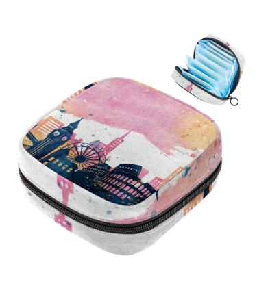Menstrual Bag Zipper Ladies Napkin Pouch Tampons Collection Bag for Women and Girls (Watercolor London Building)