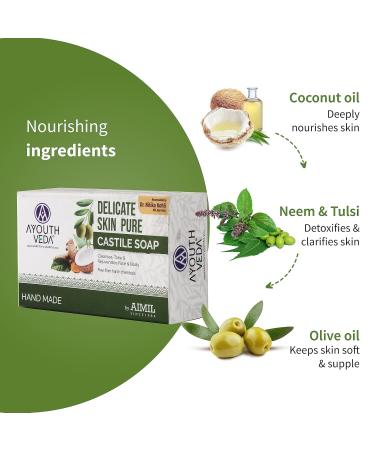 Delicate Skin Pure Castile Soap - Handmade with Tulsi Neem Coconut & Olive Oil | Cleansing & Rejuvenating Natural Soap for Sensitive Skin - Buy Online on GoSupps.com