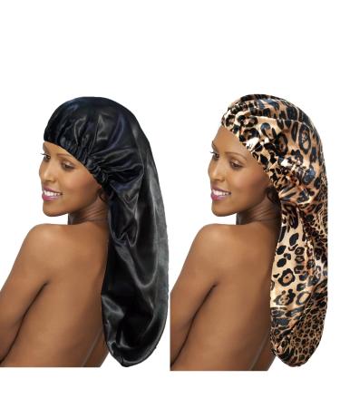 2PCS Braid Bonnet for Black Women Long Satin Hair Bonnet for Sleeping Single Layer Foldable Sleep cap with Button Black + Leopard