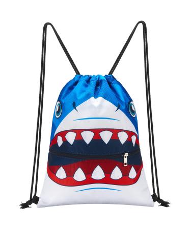 WAWSAM Shark Drawstring Backpack - Drawstring Bags for Boys Kids Swim Bag for Beach Swim Swimming Pool School Draw String Bags with Zippered Pocket Waterproof Sports Gym Bag Shark a
